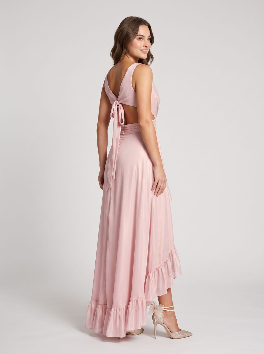 Blushing Pink Mesh A-Line V-Neck Bow Asymmetrical Dress with Ruffled Hem - Curvevia