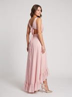 Blushing Pink Mesh A-Line V-Neck Bow Asymmetrical Dress with Ruffled Hem - Curvevia
