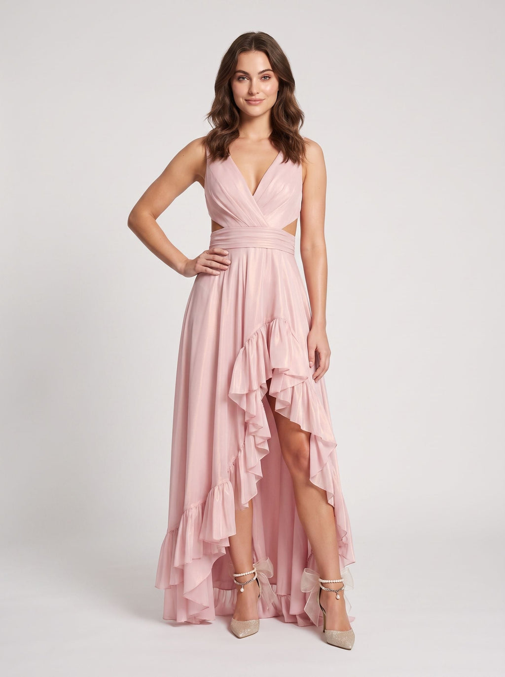 Blushing Pink Mesh A-Line V-Neck Bow Asymmetrical Dress with Ruffled Hem - Curvevia