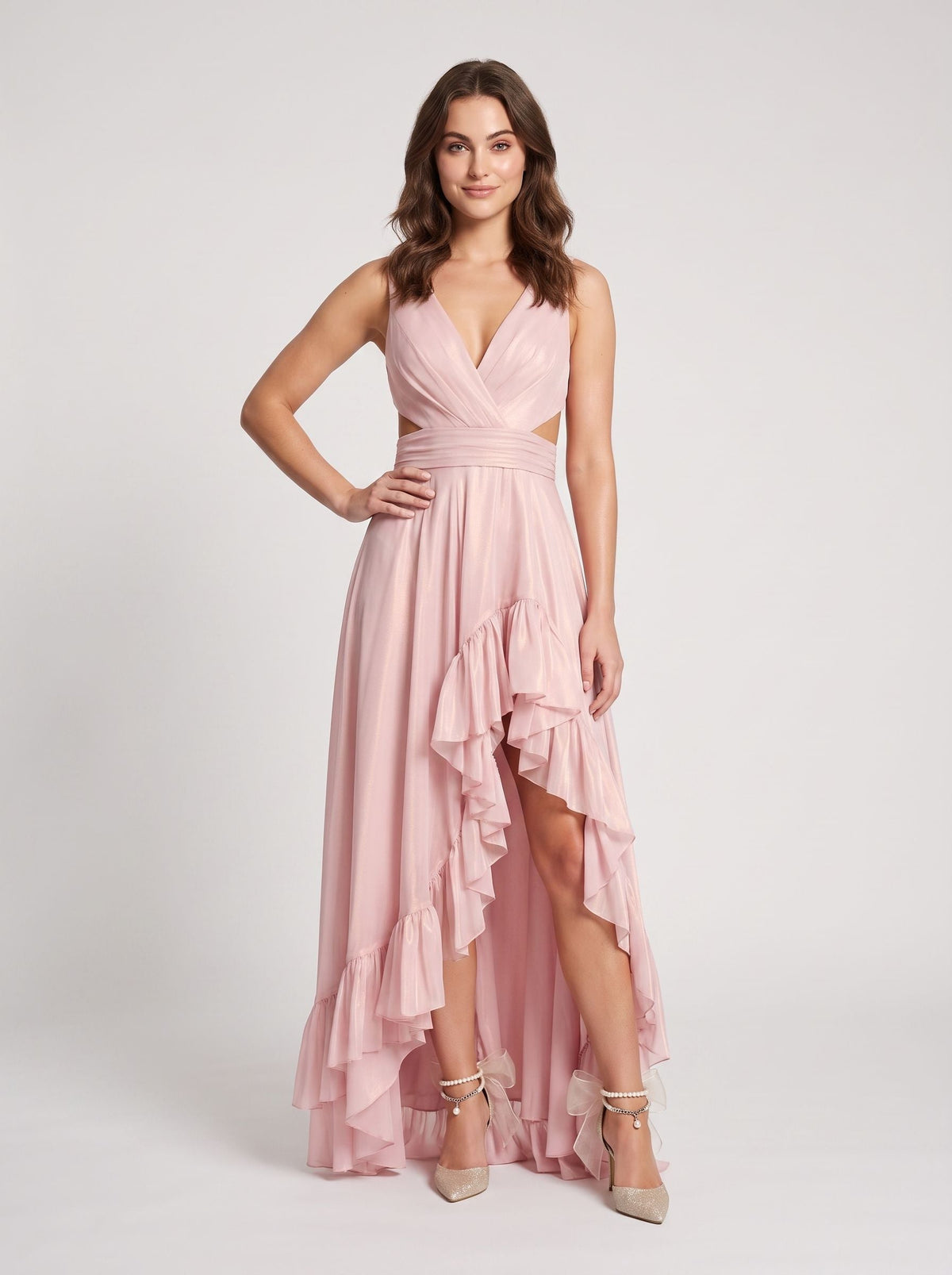 Blushing Pink Mesh A-Line V-Neck Bow Asymmetrical Dress with Ruffled Hem - Curvevia