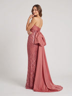 Rose Gold Sequin Mermaid Straight Neck Bow Floor-Length Dress with Oversized back bow - Curvevia