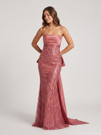 Rose Gold Sequin Mermaid Straight Neck Bow Floor-Length Dress with Oversized back bow - Curvevia