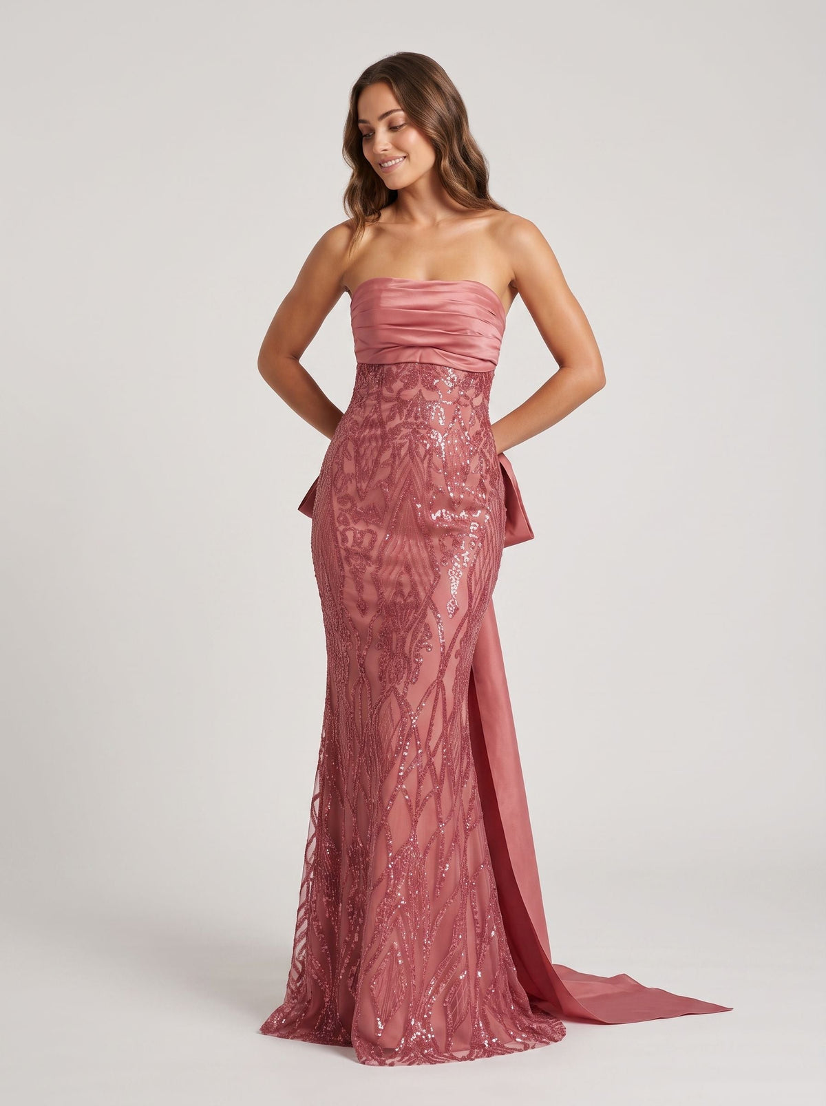 Rose Gold Sequin Mermaid Straight Neck Bow Floor-Length Dress with Oversized back bow - Curvevia