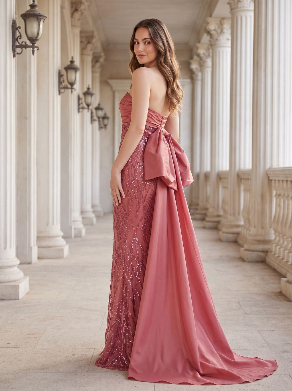 Rose Gold Sequin Mermaid Straight Neck Bow Floor-Length Dress with Oversized back bow - Curvevia