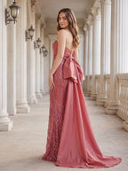 Rose Gold Sequin Mermaid Straight Neck Bow Floor-Length Dress with Oversized back bow - Curvevia