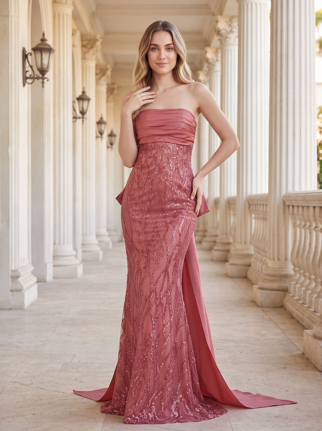 Rose Gold Sequin Mermaid Straight Neck Bow Floor-Length Dress with Oversized back bow - Curvevia