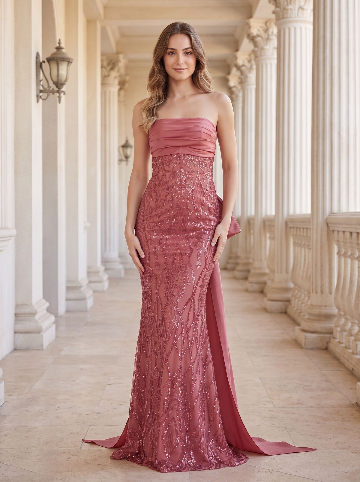 Rose Gold Sequin Mermaid Straight Neck Bow Floor-Length Dress with Oversized back bow - Curvevia