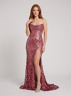Rose Gold Sequin Sheath Straight Neck Back Zip Floor-Length Dress with High Side Slit - Curvevia