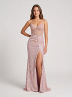 Rose Gold Sequin Mermaid Sweetheart Corset Back Floor-Length Dress - Curvevia