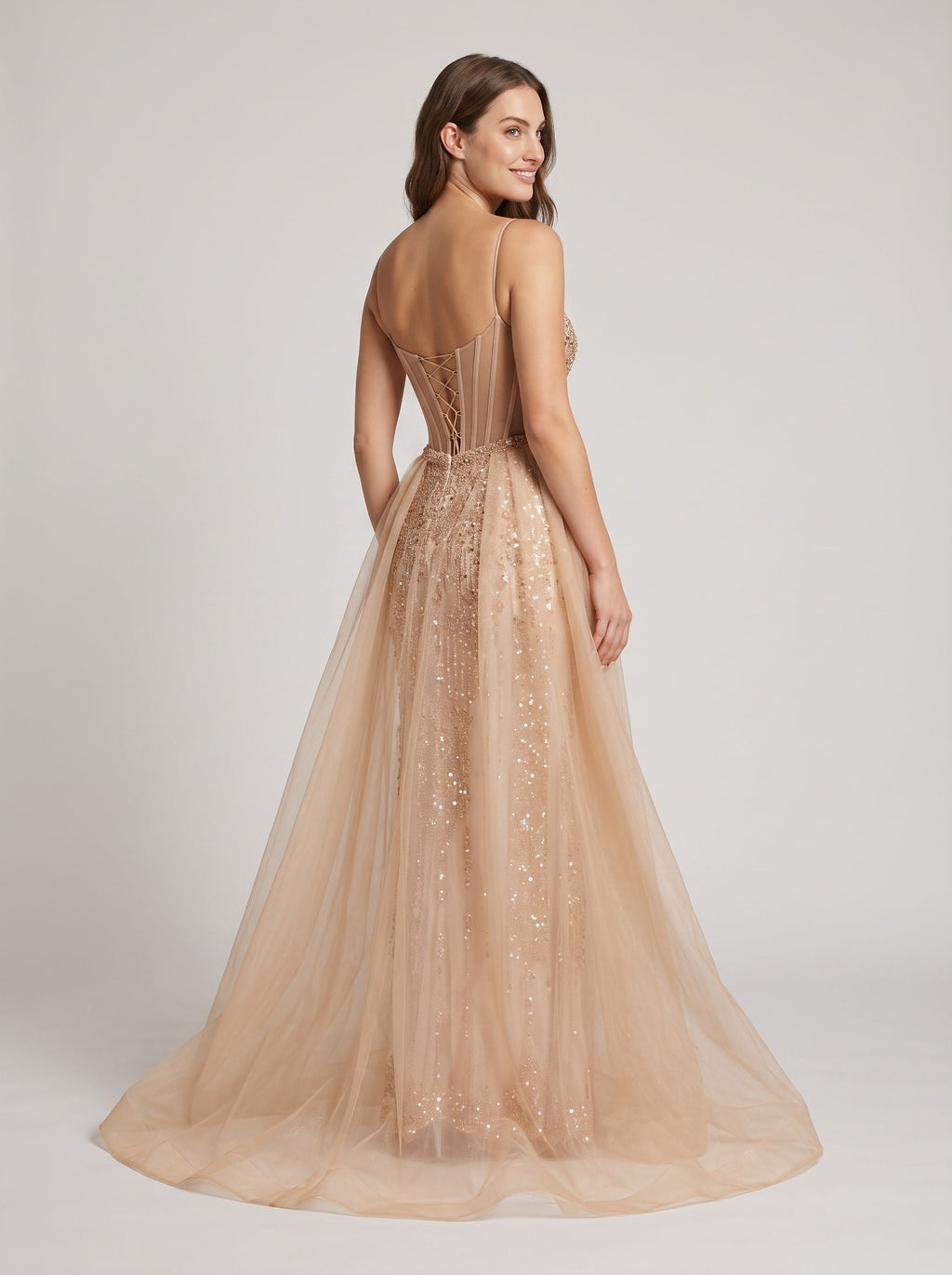 Sand Tulle A-Line Straight Neck Corset Back Floor-Length Dress with Detachable overskirt - Curvevia