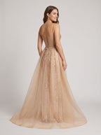 Sand Tulle A-Line Straight Neck Corset Back Floor-Length Dress with Detachable overskirt - Curvevia
