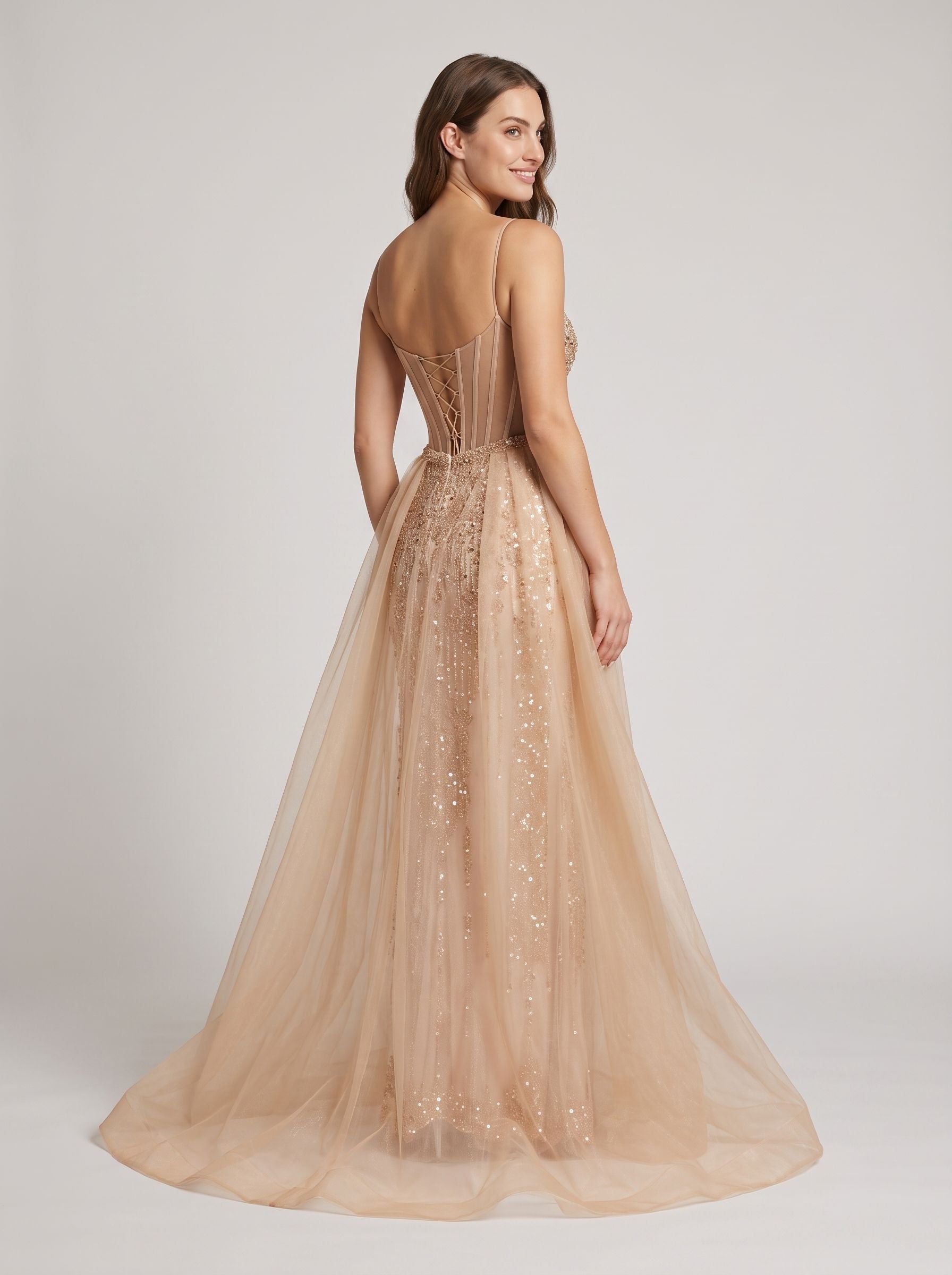 Sand Tulle A-Line Straight Neck Corset Back Floor-Length Dress with Detachable overskirt - Curvevia