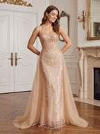 Sand Tulle A-Line Straight Neck Corset Back Floor-Length Dress with Detachable overskirt - Curvevia