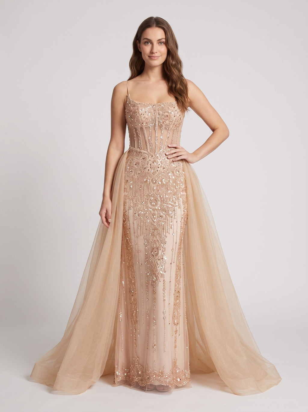 Sand Tulle A-Line Straight Neck Corset Back Floor-Length Dress with Detachable overskirt - Curvevia