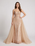 Sand Tulle A-Line Straight Neck Corset Back Floor-Length Dress with Detachable overskirt - Curvevia
