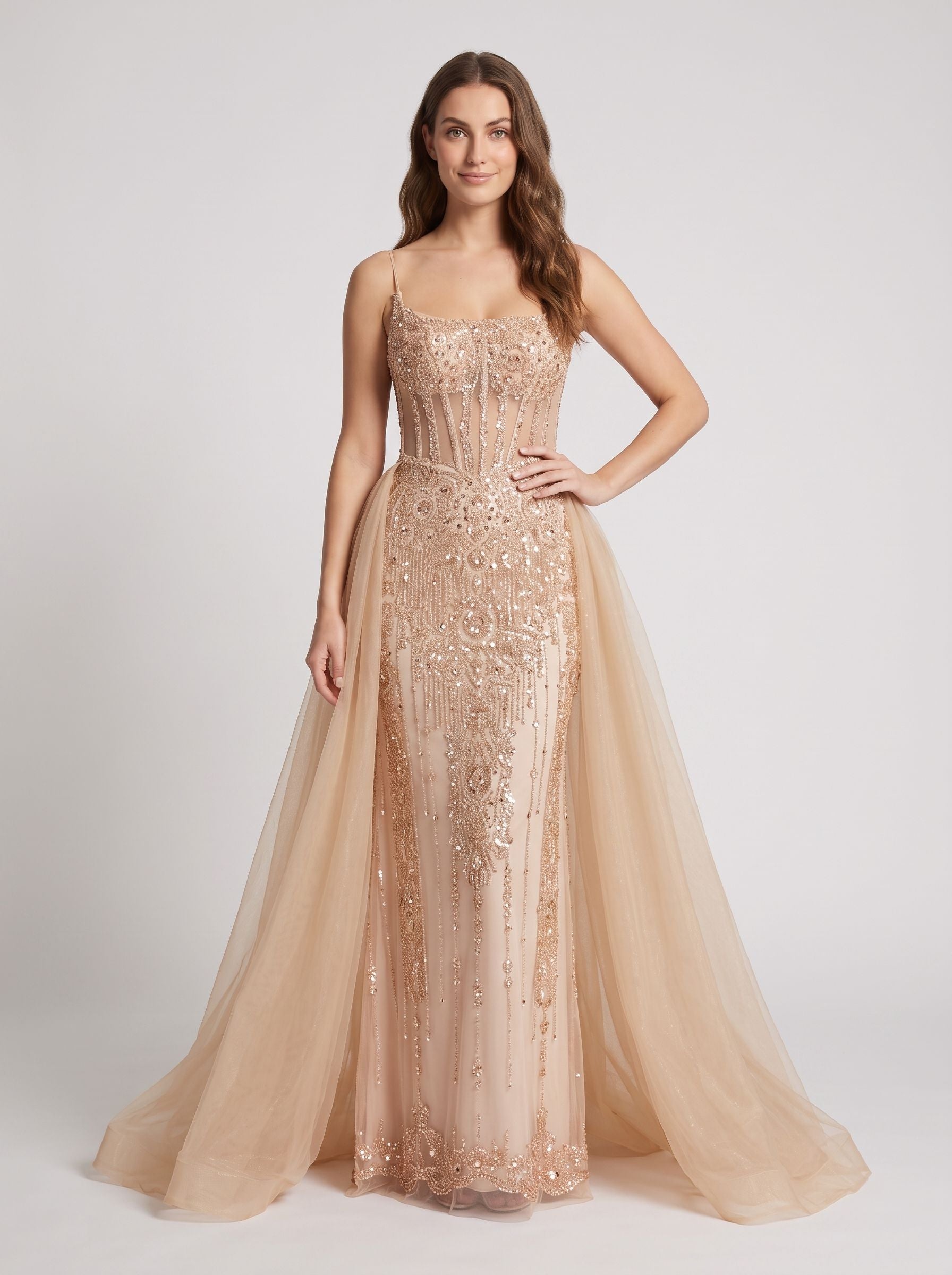 Sand Tulle A-Line Straight Neck Corset Back Floor-Length Dress with Detachable overskirt - Curvevia