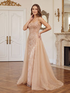 Sand Tulle A-Line Straight Neck Corset Back Floor-Length Dress with Detachable overskirt - Curvevia