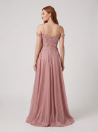 Rose Pink Glitter Tulle A-Line Off-the-Shoulder Back Zip Floor-Length Dress with Embroidered Bodice - Curvevia