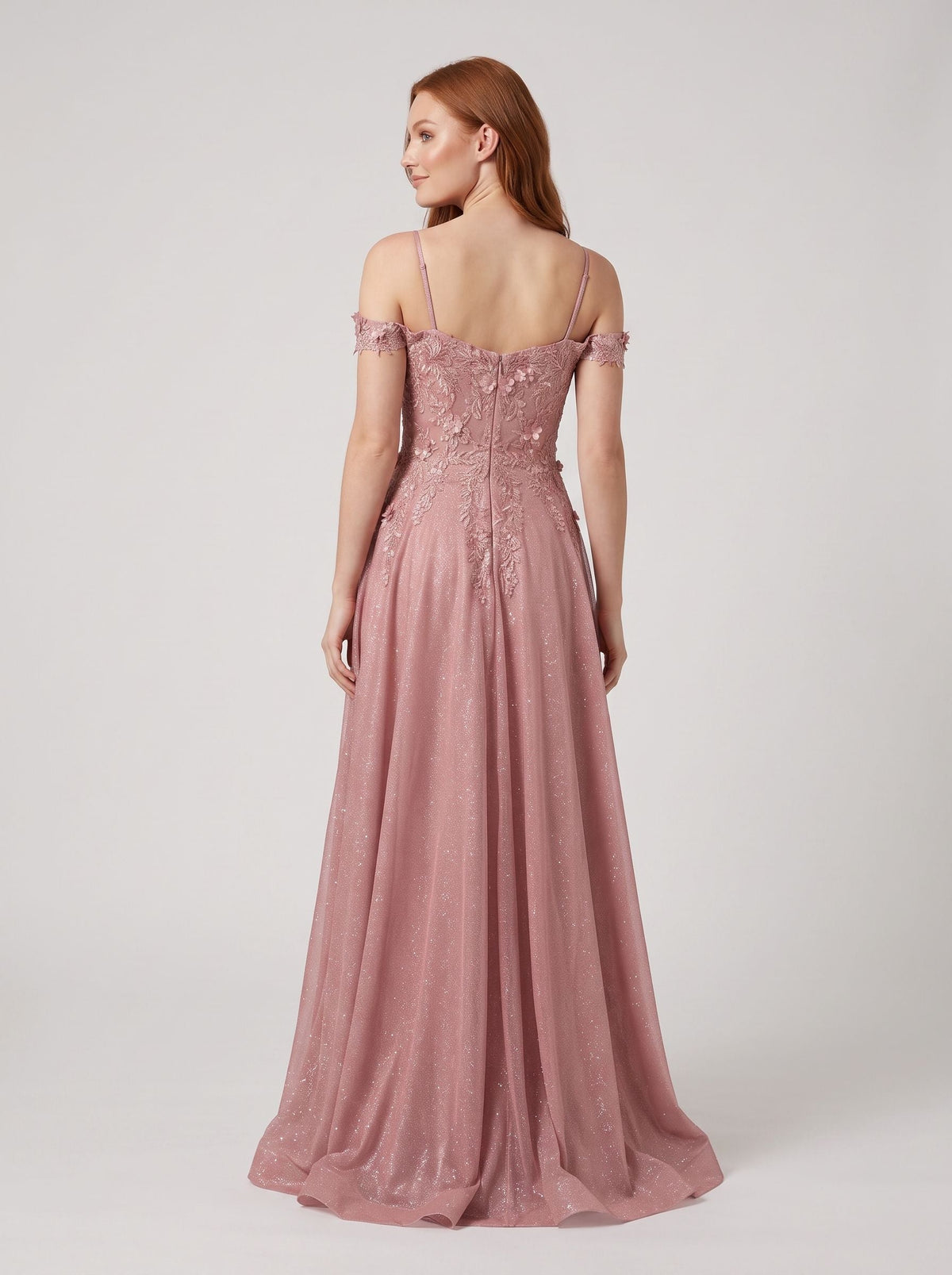 Rose Pink Glitter Tulle A-Line Off-the-Shoulder Back Zip Floor-Length Dress with Embroidered Bodice - Curvevia