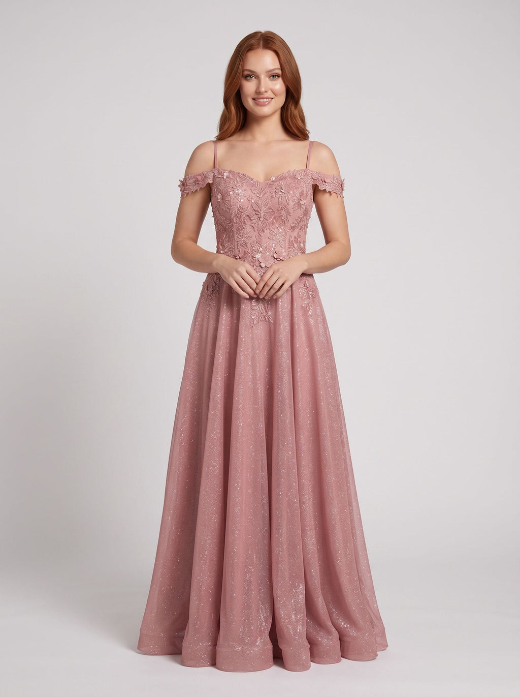 Rose Pink Glitter Tulle A-Line Off-the-Shoulder Back Zip Floor-Length Dress with Embroidered Bodice - Curvevia