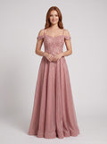 Rose Pink Glitter Tulle A-Line Off-the-Shoulder Back Zip Floor-Length Dress with Embroidered Bodice - Curvevia