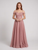 Rose Pink Glitter Tulle A-Line Off-the-Shoulder Back Zip Floor-Length Dress with Embroidered Bodice - Curvevia