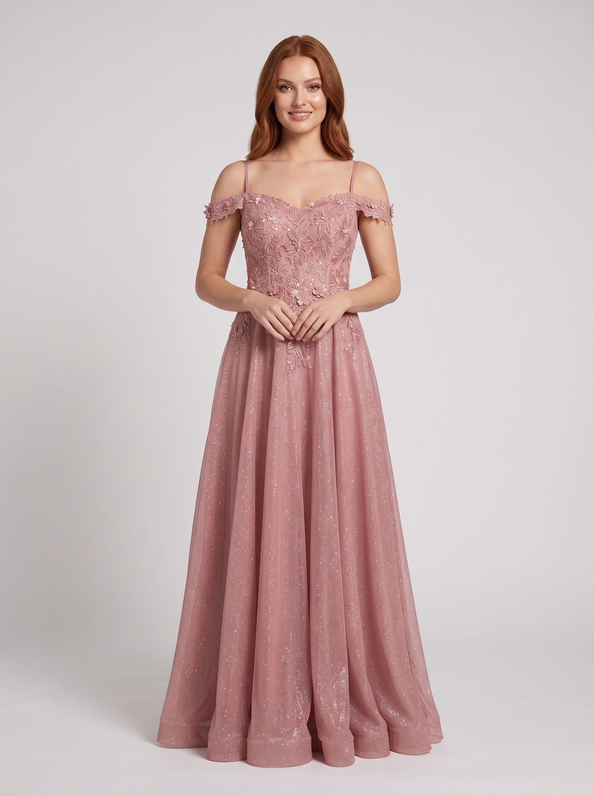 Rose Pink Glitter Tulle A-Line Off-the-Shoulder Back Zip Floor-Length Dress with Embroidered Bodice - Curvevia