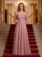 Rose Pink Glitter Tulle A-Line Off-the-Shoulder Back Zip Floor-Length Dress with Embroidered Bodice - Curvevia