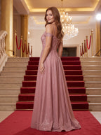 Rose Pink Glitter Tulle A-Line Off-the-Shoulder Back Zip Floor-Length Dress with Embroidered Bodice - Curvevia