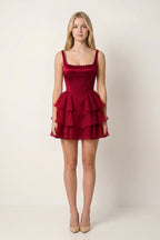 Rose Pink Square Neck Tiered A-Line Corset Satin Homecoming Dress With Pearl - Curvevia