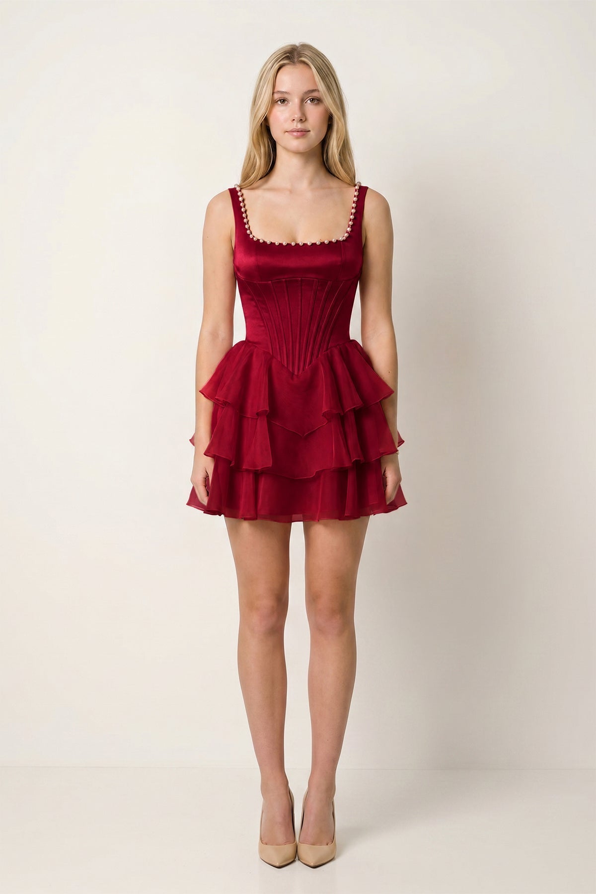 Rose Pink Square Neck Tiered A-Line Corset Satin Homecoming Dress With Pearl - Curvevia