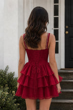 Rose Pink Square Neck Tiered A-Line Corset Satin Homecoming Dress With Pearl - Curvevia