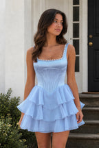 Rose Pink Square Neck Tiered A-Line Corset Satin Homecoming Dress With Pearl - Curvevia