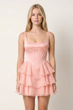 Rose Pink Square Neck Tiered A-Line Corset Satin Homecoming Dress With Pearl - Curvevia