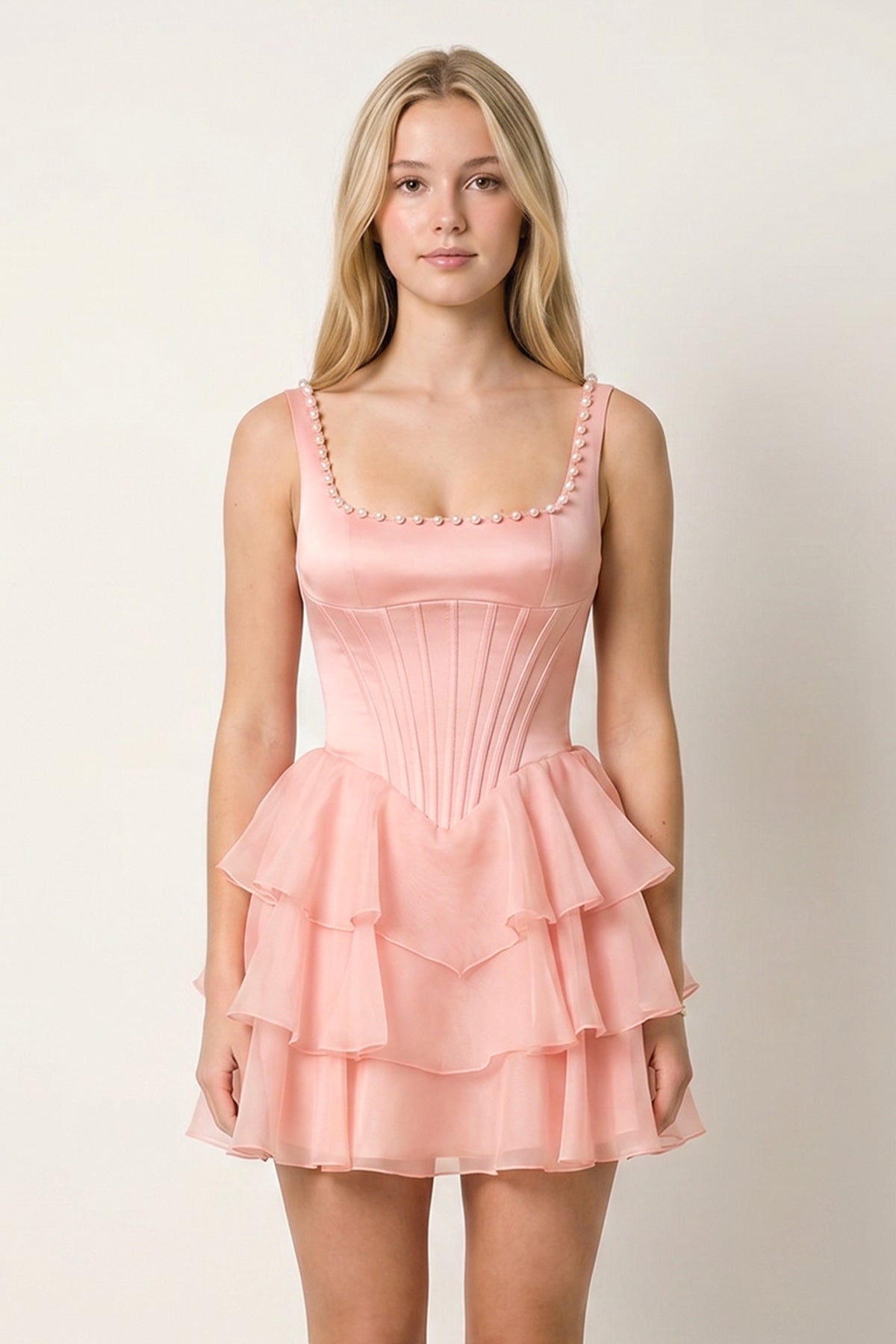 Rose Pink Square Neck Tiered A-Line Corset Satin Homecoming Dress With Pearl - Curvevia