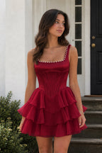 Rose Pink Square Neck Tiered A-Line Corset Satin Homecoming Dress With Pearl - Curvevia