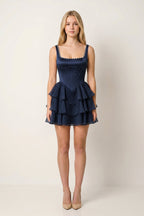 Rose Pink Square Neck Tiered A-Line Corset Satin Homecoming Dress With Pearl - Curvevia