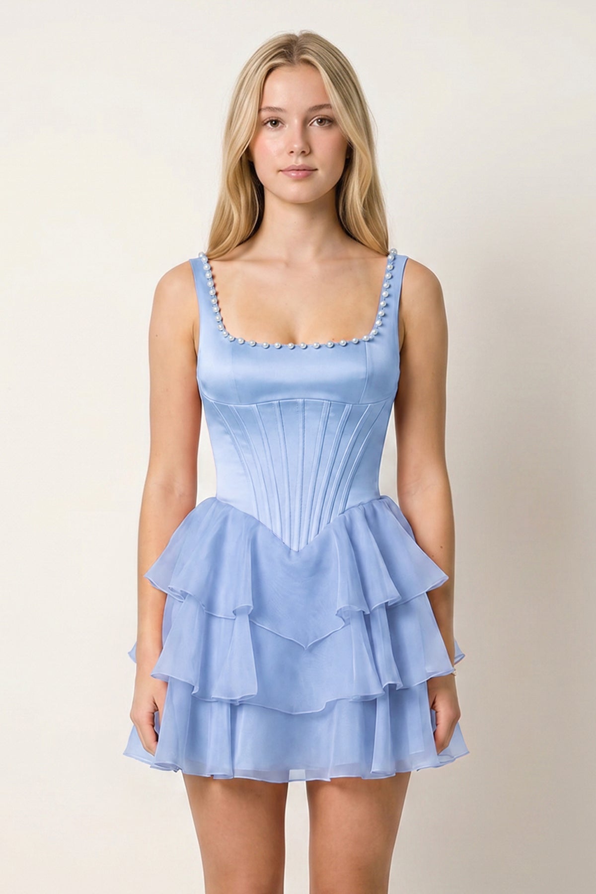 Rose Pink Square Neck Tiered A-Line Corset Satin Homecoming Dress With Pearl - Curvevia