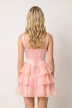 Rose Pink Square Neck Tiered A-Line Corset Satin Homecoming Dress With Pearl - Curvevia