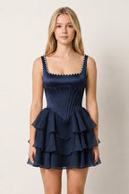 Rose Pink Square Neck Tiered A-Line Corset Satin Homecoming Dress With Pearl - Curvevia
