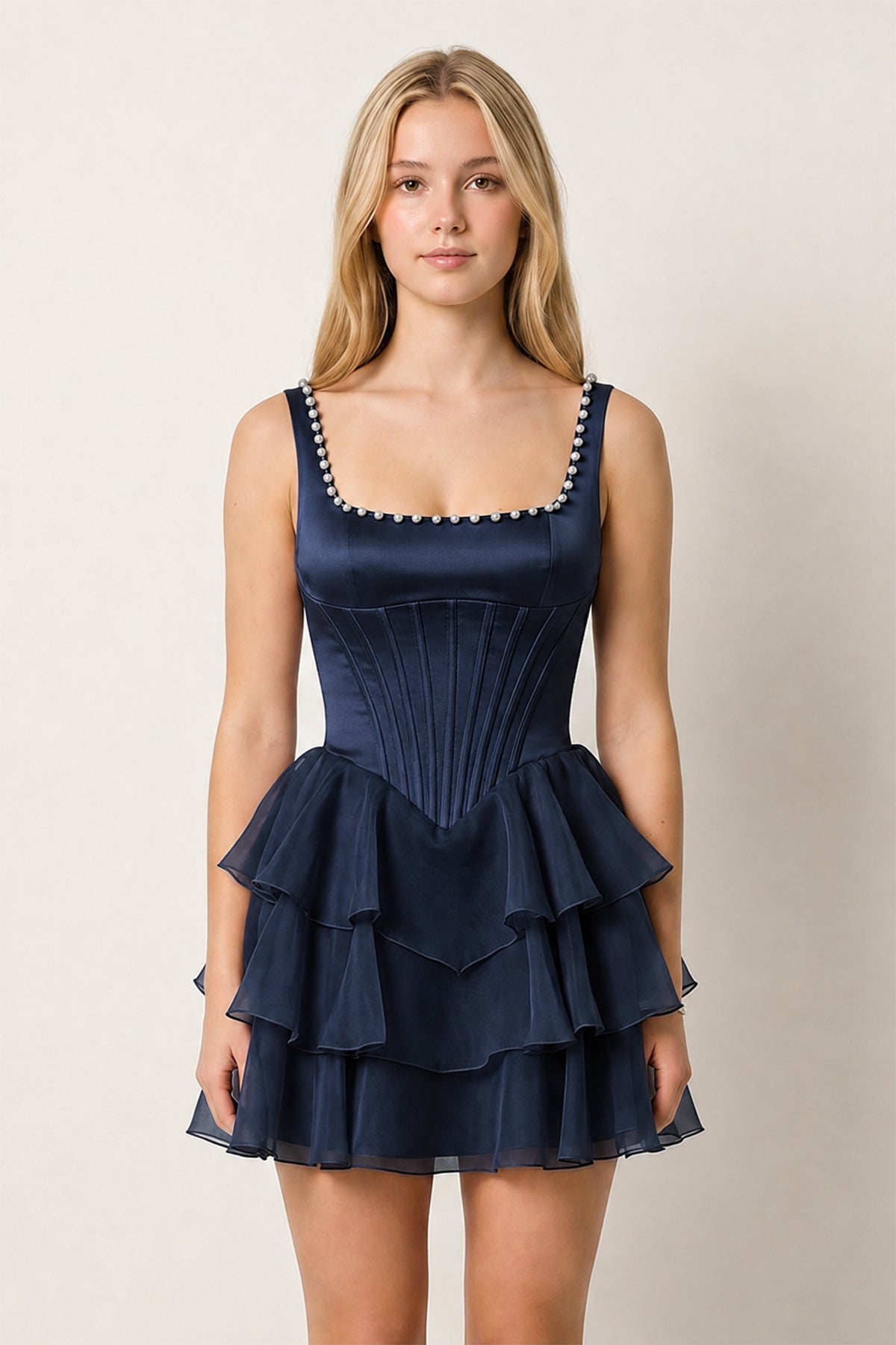 Rose Pink Square Neck Tiered A-Line Corset Satin Homecoming Dress With Pearl - Curvevia