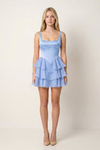 Rose Pink Square Neck Tiered A-Line Corset Satin Homecoming Dress With Pearl - Curvevia