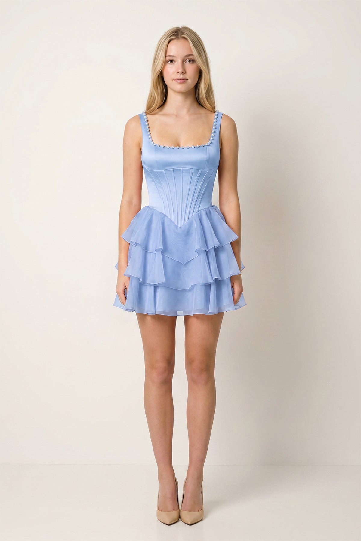 Rose Pink Square Neck Tiered A-Line Corset Satin Homecoming Dress With Pearl - Curvevia