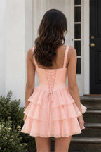 Rose Pink Square Neck Tiered A-Line Corset Satin Homecoming Dress With Pearl - Curvevia