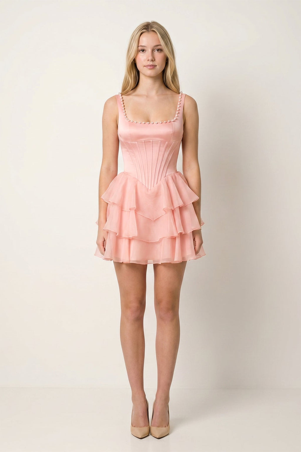 Rose Pink Square Neck Tiered A-Line Corset Satin Homecoming Dress With Pearl - Curvevia