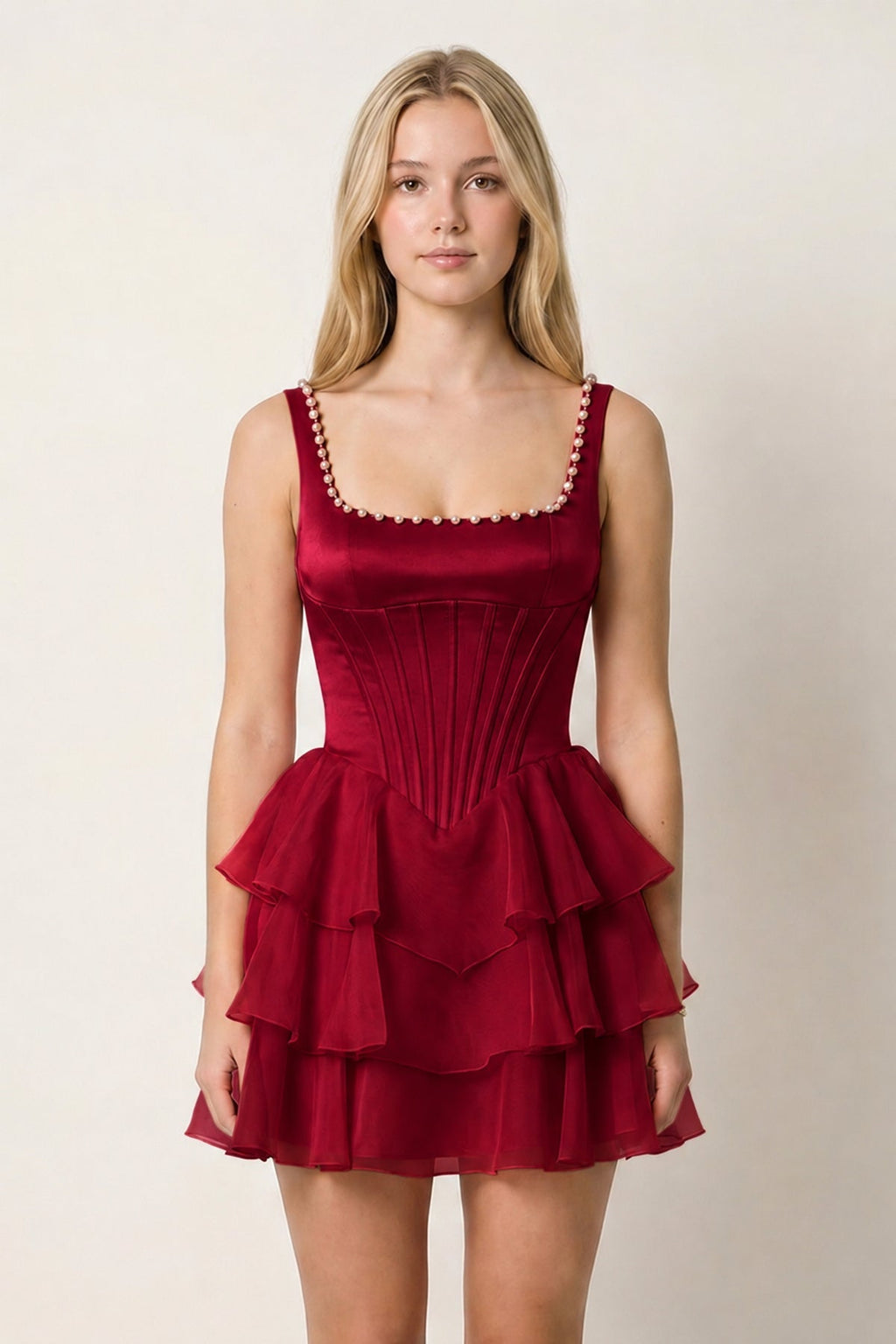 Rose Pink Square Neck Tiered A-Line Corset Satin Homecoming Dress With Pearl - Curvevia
