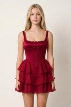 Rose Pink Square Neck Tiered A-Line Corset Satin Homecoming Dress With Pearl - Curvevia