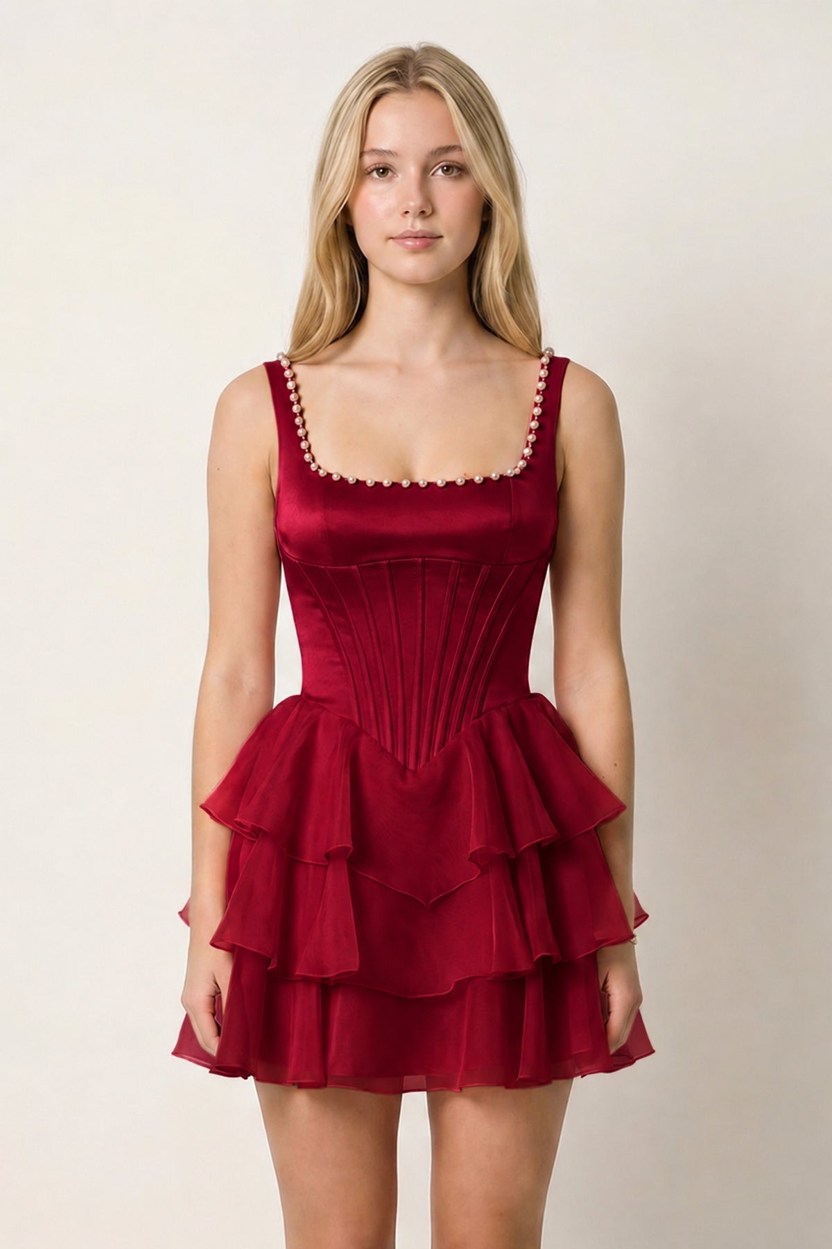 Rose Pink Square Neck Tiered A-Line Corset Satin Homecoming Dress With Pearl - Curvevia
