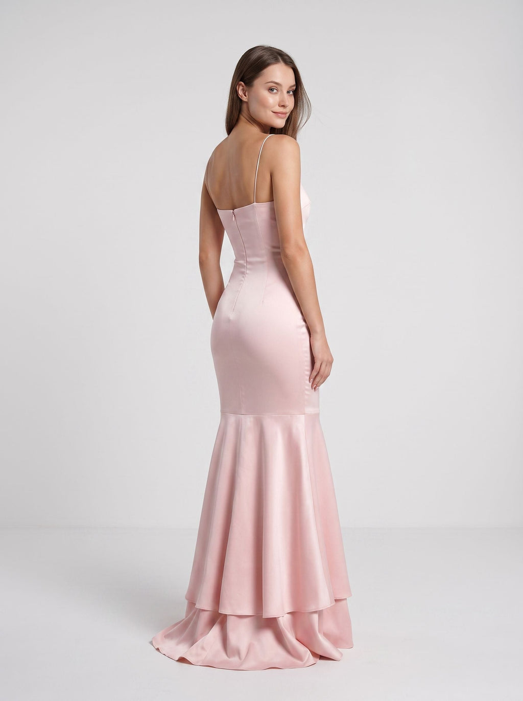 Blushing Pink Satin Mermaid Straight Neck Back Zip Floor-Length Dress with Side Slit - Curvevia