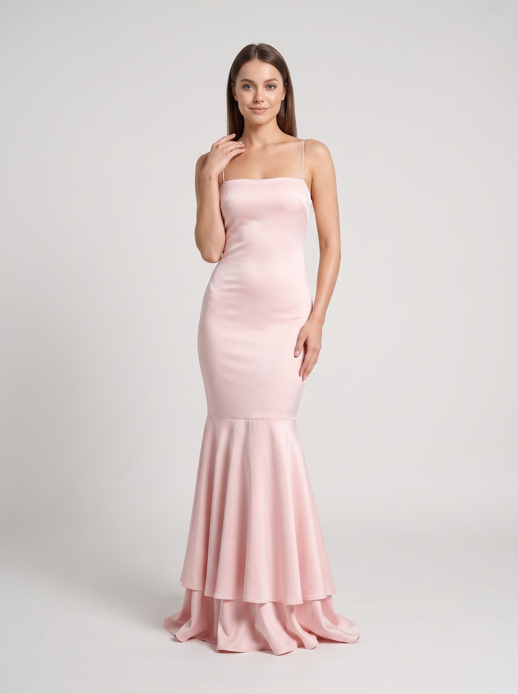 Blushing Pink Satin Mermaid Straight Neck Back Zip Floor-Length Dress with Side Slit - Curvevia